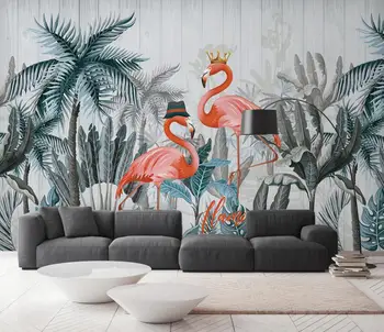 3d обои гостиная Пользовательские обои фреска скандинавское ретро кокосовое дерево доска фламинго фон стены papel de parede