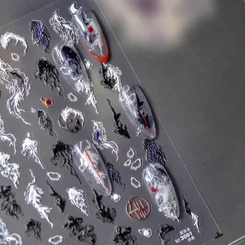 Черная медуза Китайская живопись тушью Штрихи каллиграфии Ослепительный цвет 3D Самоклеящиеся наклейки для ногтей Наклейки для маникюра Лето