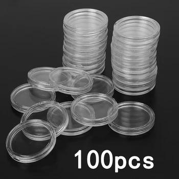 100шт 26 мм Прозрачных круглых пластиковых контейнеров для монет, коробок, кейсов для домашнего хранения, в наличии на складе, легких и небольших