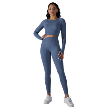 Осенне-зимние спортивные комплекты для бега, женский бесшовный быстросохнущий дышащий тренировочный укороченный топ с длинным рукавом и леггинсы, 2 предмета, костюм для йоги